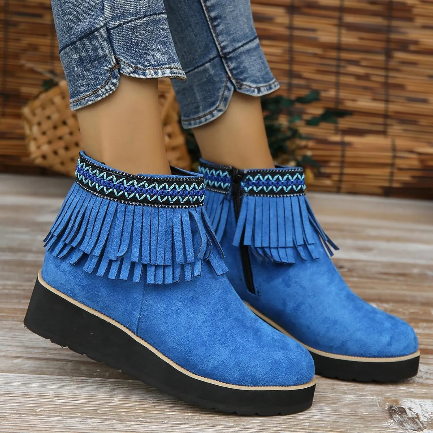 AMDBEL Womens Boots Ankle, Women's Ankle Boots Thick Wedge Heel Tassel Short Boots Casual Winter Walking Shoes