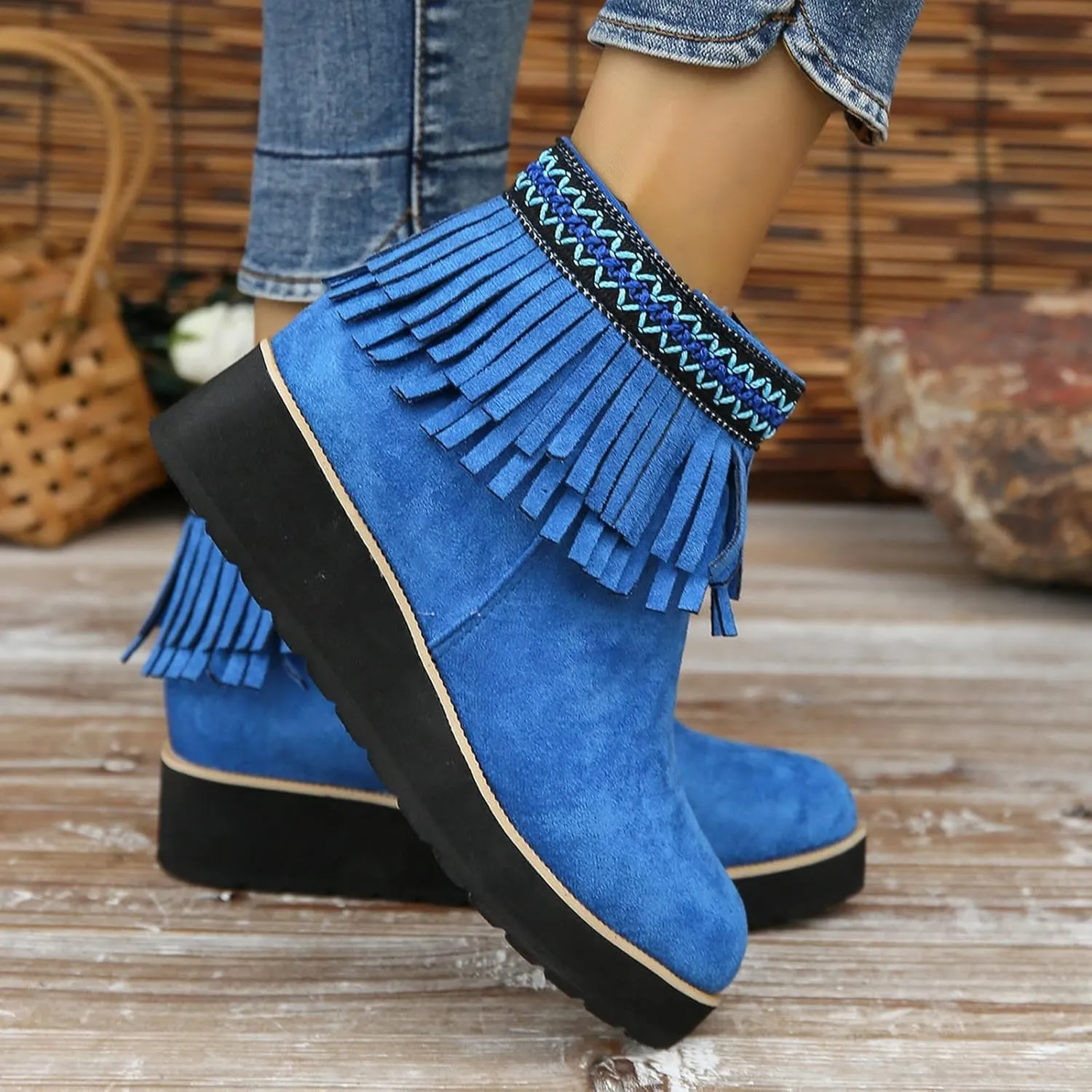AMDBEL Womens Boots Ankle, Women's Ankle Boots Thick Wedge Heel Tassel Short Boots Casual Winter Walking Shoes