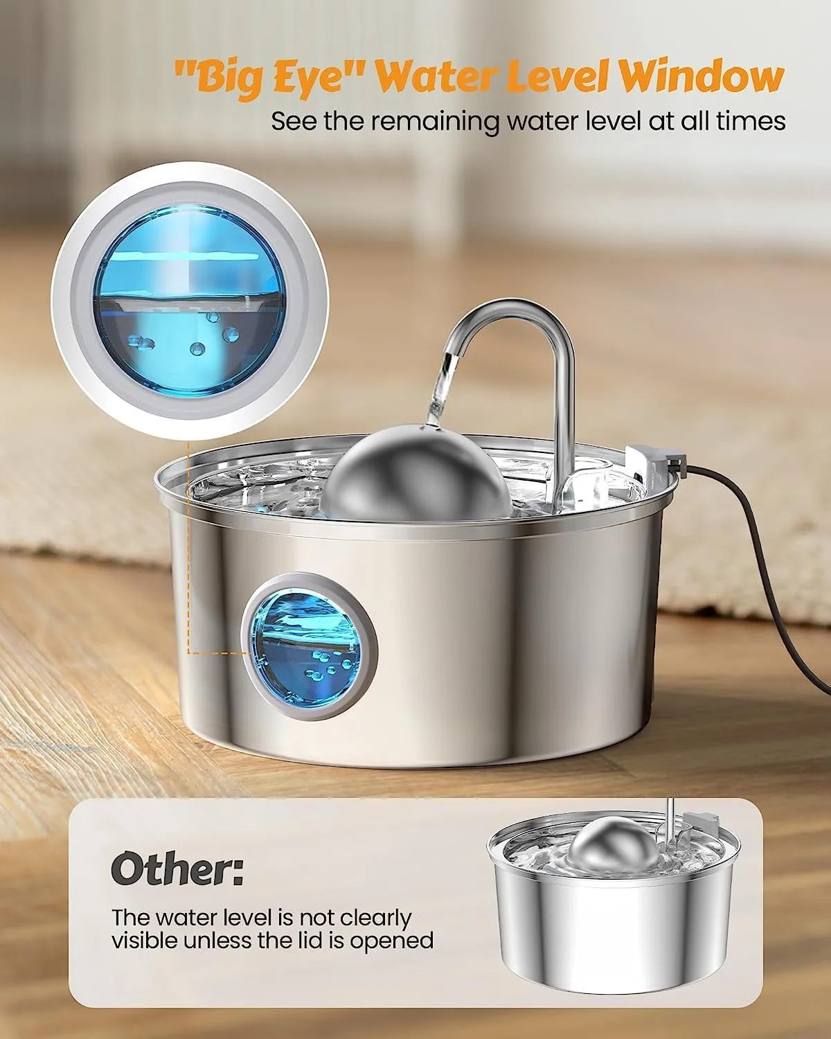 AONBOY Cat Water Fountain with Water Level Window, 108oz/3.2L Cat Fountain Stainless Steel, 6Filters   3Sponge Filters, Faucet Shape Dog Water Fountain, Double Noise Reduction Design, Multi Filtration