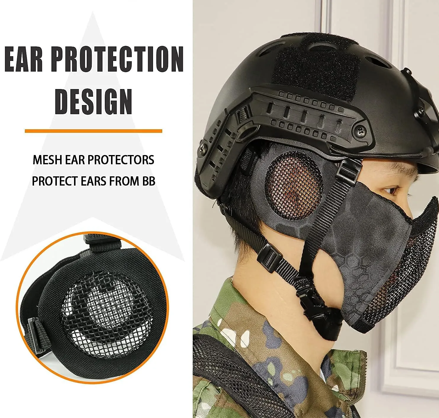 AOUTACC Airsoft Protective Gear Set, Half Face Mesh Mask with Ear Protection and Tactical Goggles for Adult Men Women BBS Paintball Shooting CS Survival Games Cosplay