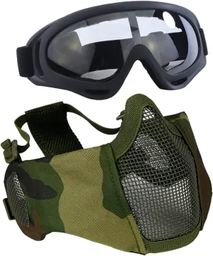 AOUTACC Airsoft Protective Gear Set, Half Face Mesh Mask with Ear Protection and Tactical Goggles for Adult Men Women BBS Paintball Shooting CS Survival Games Cosplay