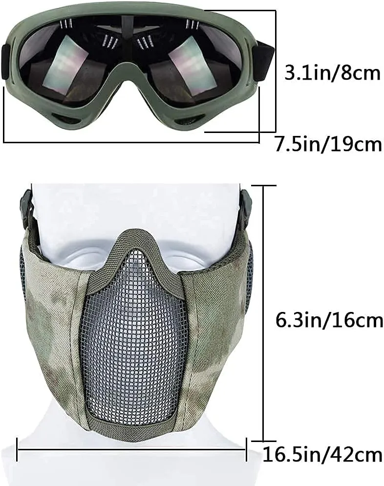 AOUTACC Airsoft Protective Gear Set, Half Face Mesh Mask with Ear Protection and Tactical Goggles for Adult Men Women BBS Paintball Shooting CS Survival Games Cosplay