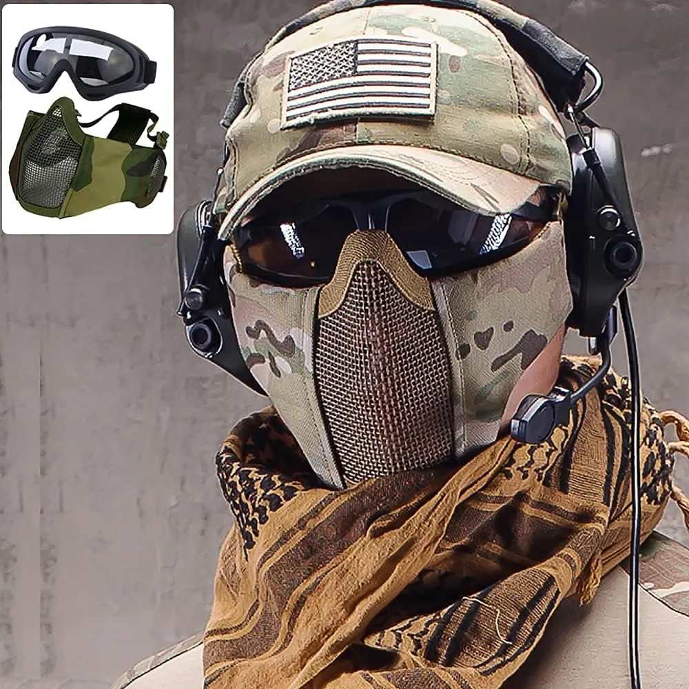 AOUTACC Airsoft Protective Gear Set, Half Face Mesh Mask with Ear Protection and Tactical Goggles for Adult Men Women BBS Paintball Shooting CS Survival Games Cosplay