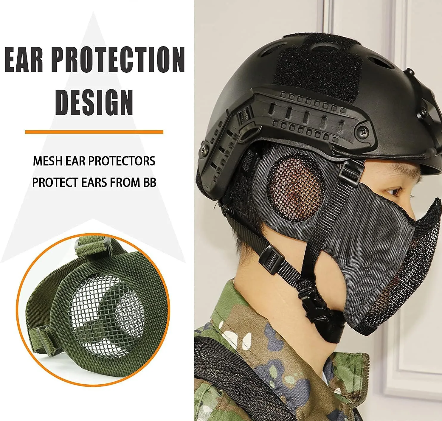 AOUTACC Airsoft Protective Gear Set, Half Face Mesh Mask with Ear Protection and Tactical Goggles for Adult Men Women BBS Paintball Shooting CS Survival Games Cosplay