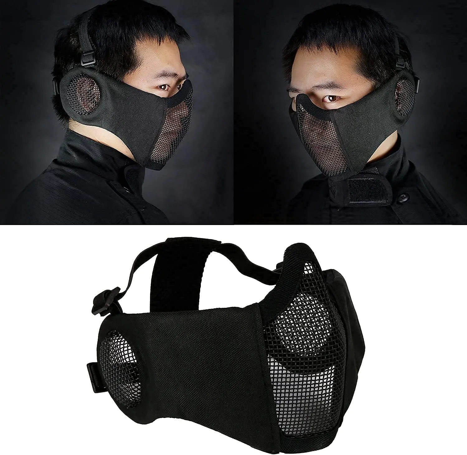 AOUTACC Airsoft Protective Gear Set, Half Face Mesh Mask with Ear Protection and Tactical Goggles for Adult Men Women BBS Paintball Shooting CS Survival Games Cosplay