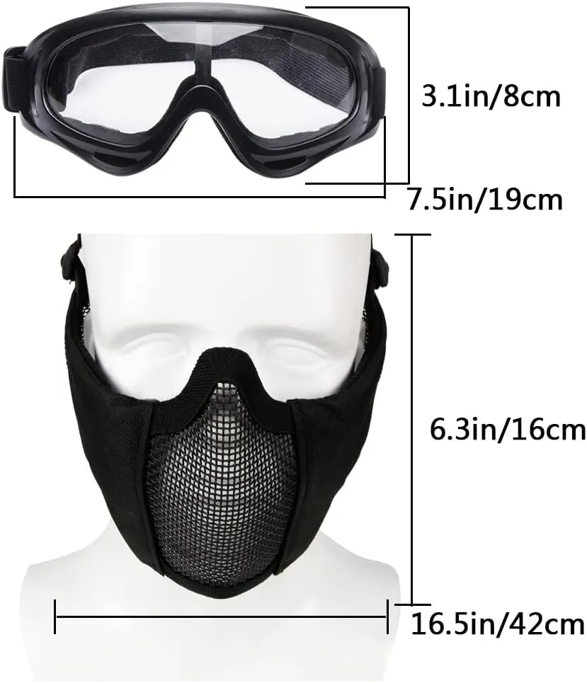 AOUTACC Airsoft Protective Gear Set, Half Face Mesh Mask with Ear Protection and Tactical Goggles for Adult Men Women BBS Paintball Shooting CS Survival Games Cosplay