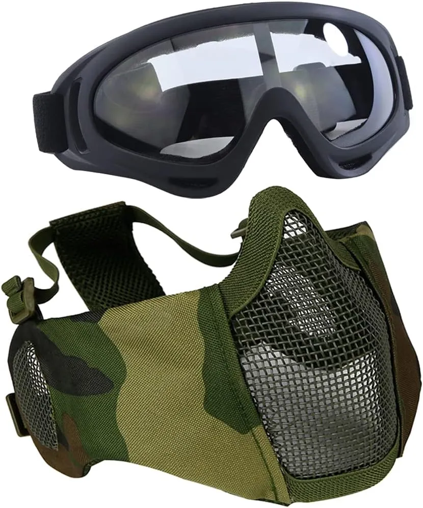 AOUTACC Airsoft Protective Gear Set, Half Face Mesh Mask with Ear Protection and Tactical Goggles for Adult Men Women BBS Paintball Shooting CS Survival Games Cosplay
