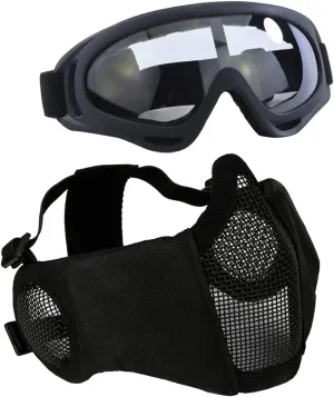AOUTACC Airsoft Protective Gear Set, Half Face Mesh Mask with Ear Protection and Tactical Goggles for Adult Men Women BBS Paintball Shooting CS Survival Games Cosplay