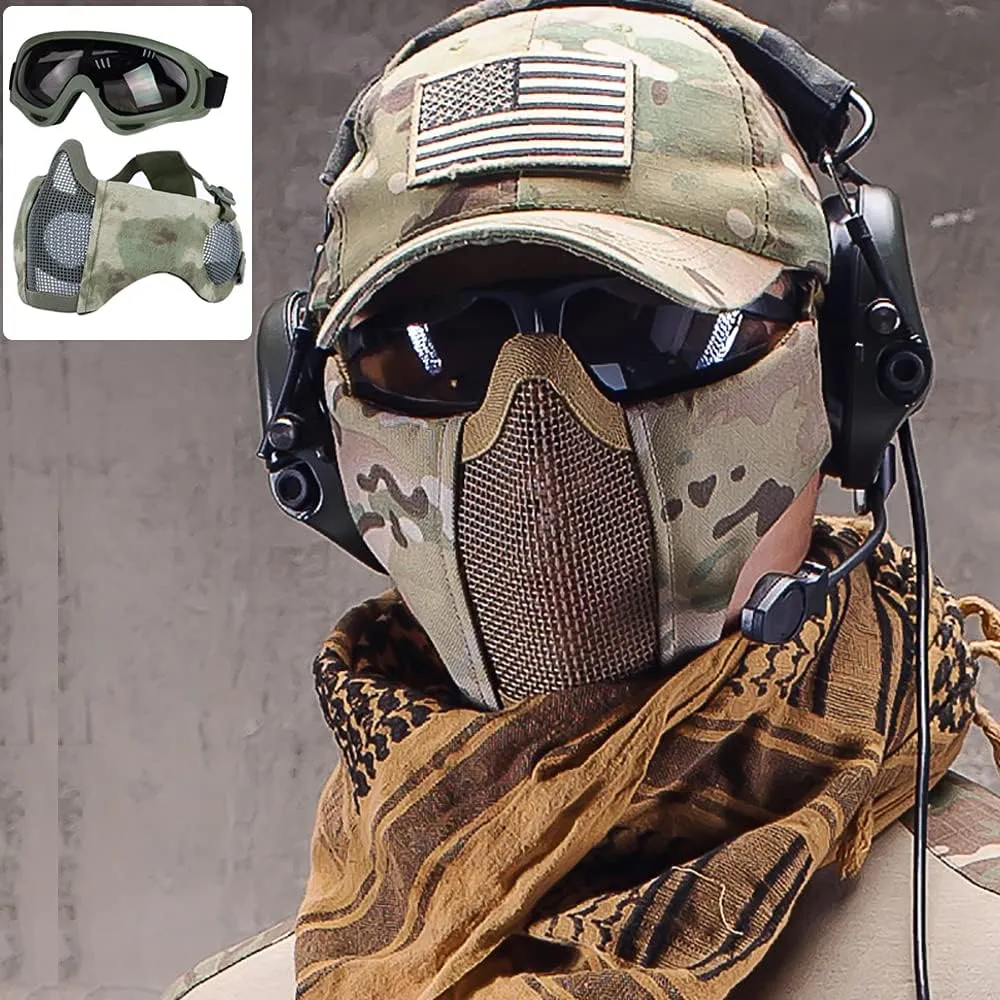 AOUTACC Airsoft Protective Gear Set, Half Face Mesh Mask with Ear Protection and Tactical Goggles for Adult Men Women BBS Paintball Shooting CS Survival Games Cosplay