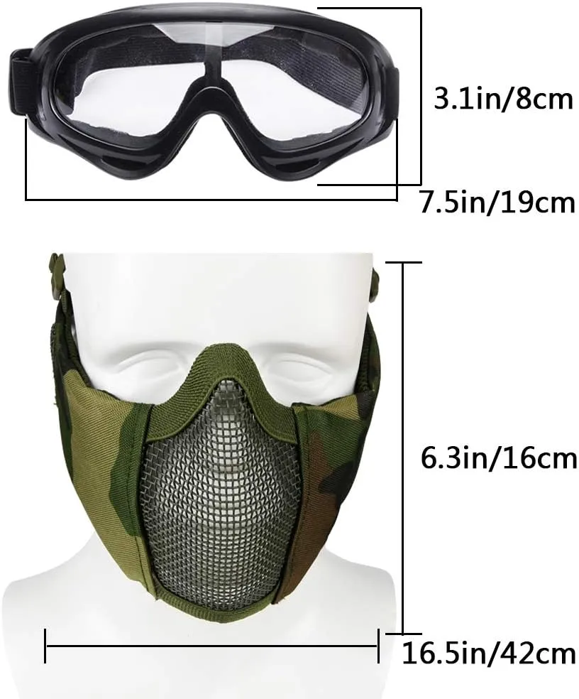 AOUTACC Airsoft Protective Gear Set, Half Face Mesh Mask with Ear Protection and Tactical Goggles for Adult Men Women BBS Paintball Shooting CS Survival Games Cosplay