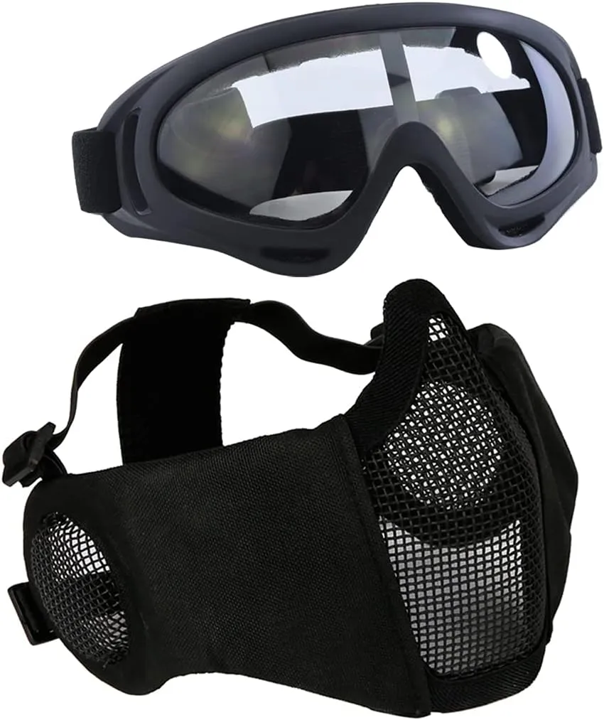 AOUTACC Airsoft Protective Gear Set, Half Face Mesh Mask with Ear Protection and Tactical Goggles for Adult Men Women BBS Paintball Shooting CS Survival Games Cosplay