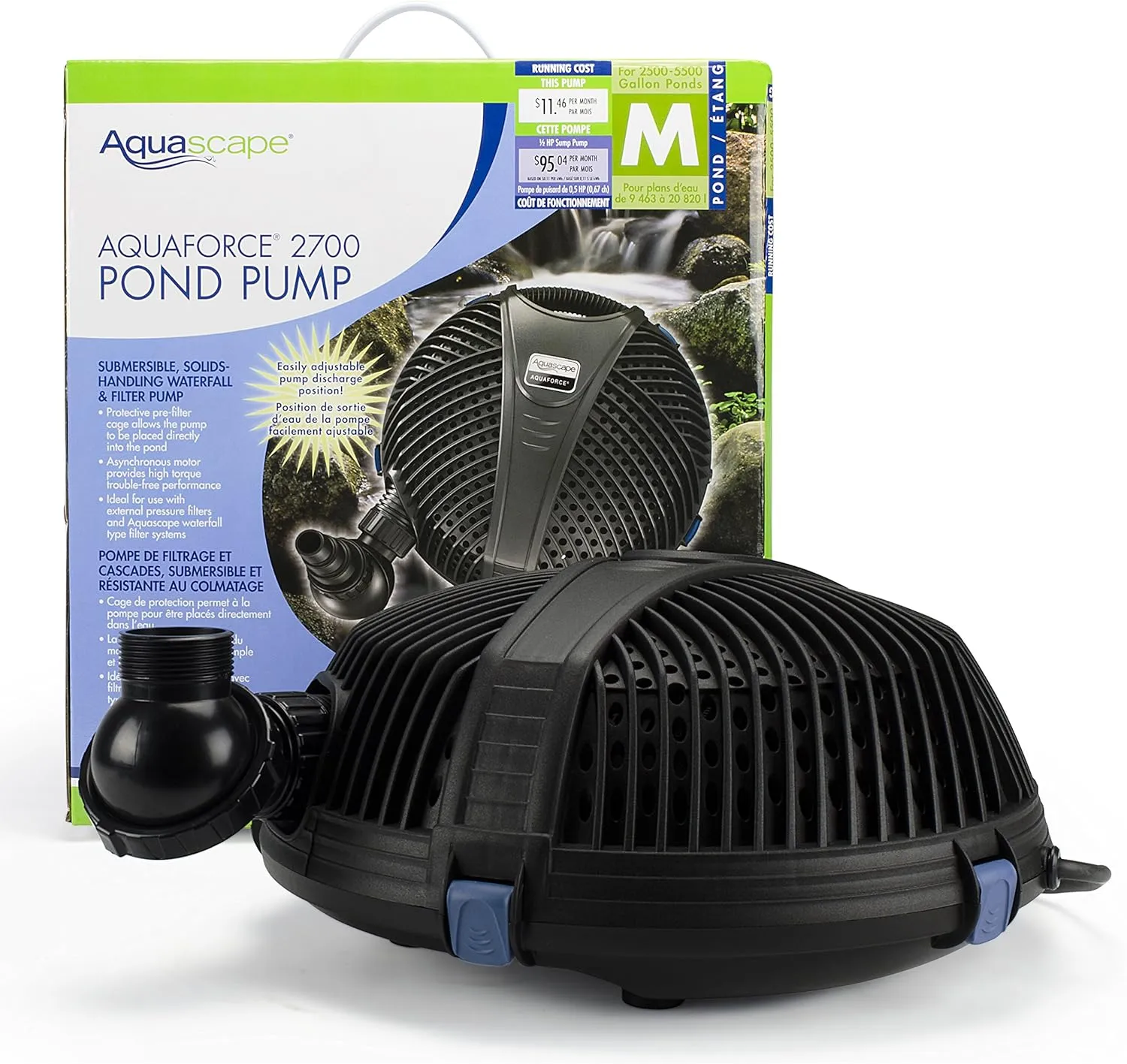 Aquascape 91012 AquaForce 2700 Asynchronous Pump with Protective Cage for Ponds and Pondless Waterfalls, 2,695 GPH,Black