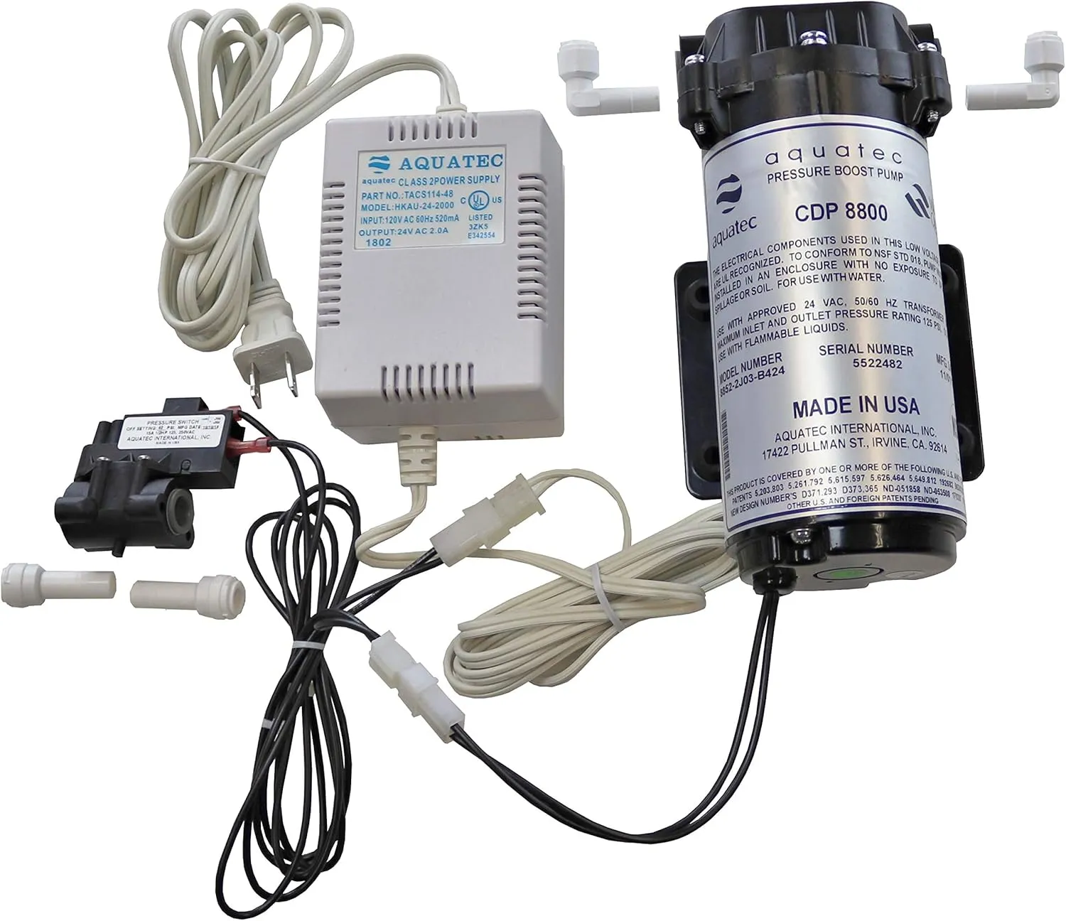 Aquatec 8800 Booster Pump Kit for up to 200 GPD RO Reverse Osmosis Water Filtration System for Both Standard and Manifold Type Systems 8852-2J03-B424 PSW-340 Made in USA