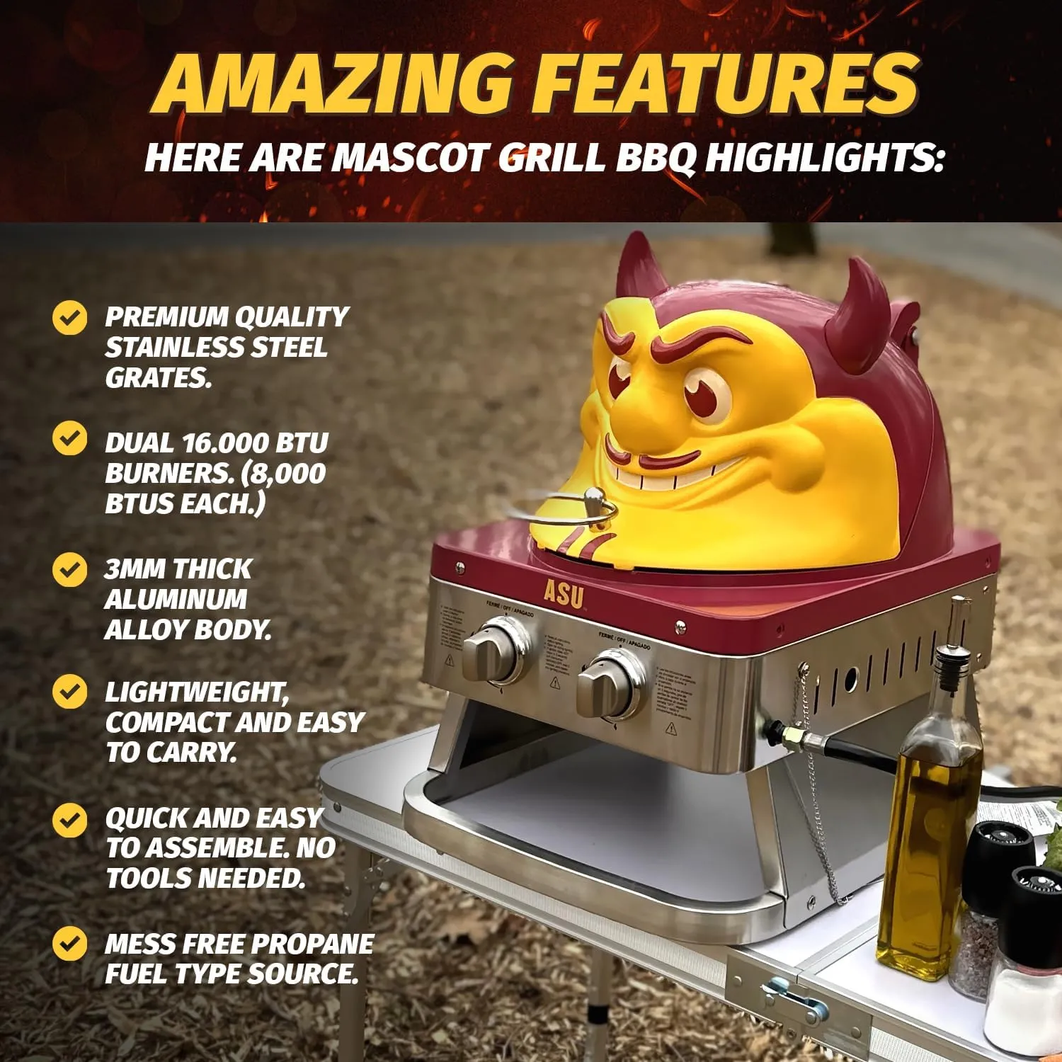 Arizona State University Sun Devil Portable Propane Gas Grill, 16,000 BTU Tabletop Barbecue with 2 Burners, Dual Temp Control for Tailgating, RV, Backyard BBQ, and Camping