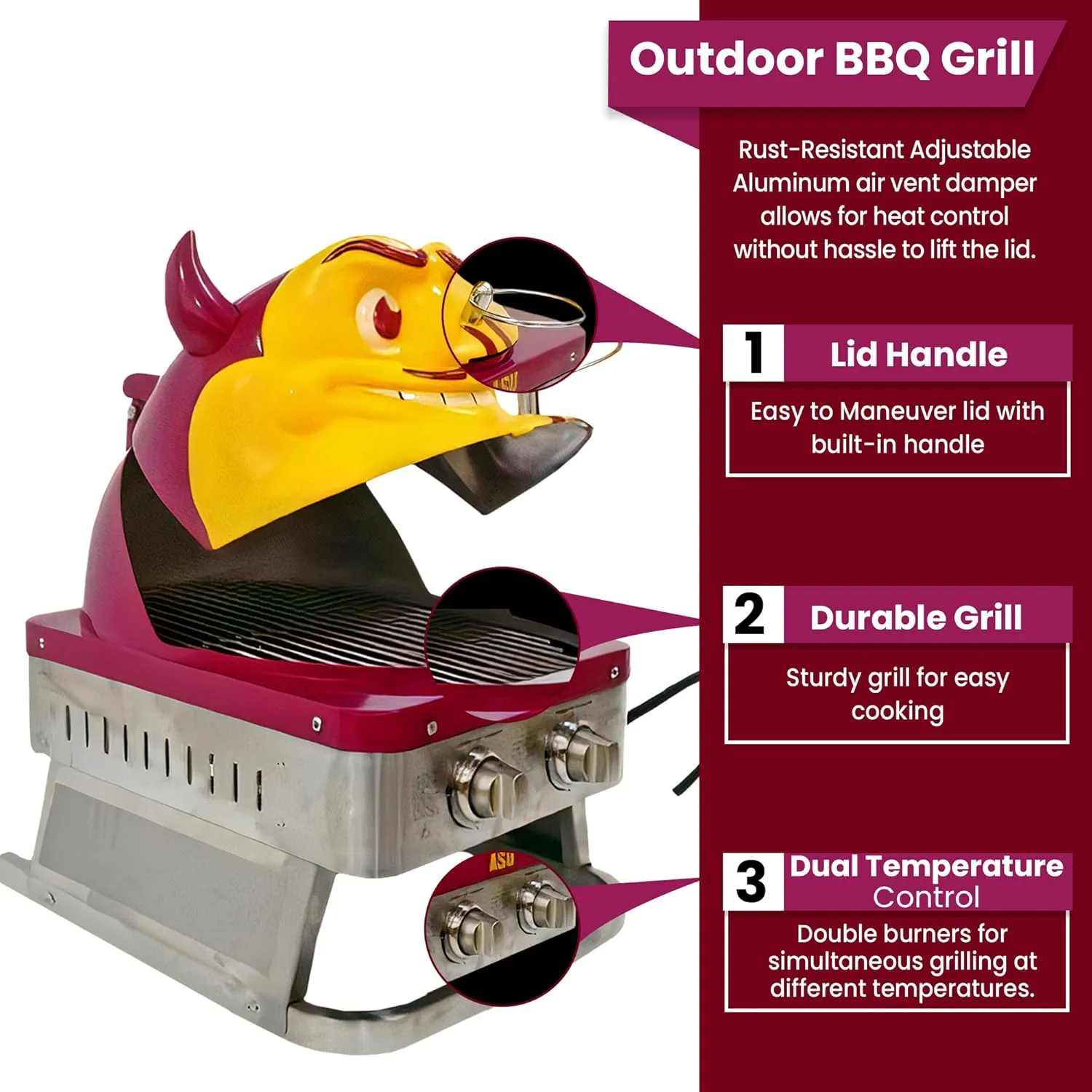 Arizona State University Sun Devil Portable Propane Gas Grill, 16,000 BTU Tabletop Barbecue with 2 Burners, Dual Temp Control for Tailgating, RV, Backyard BBQ, and Camping