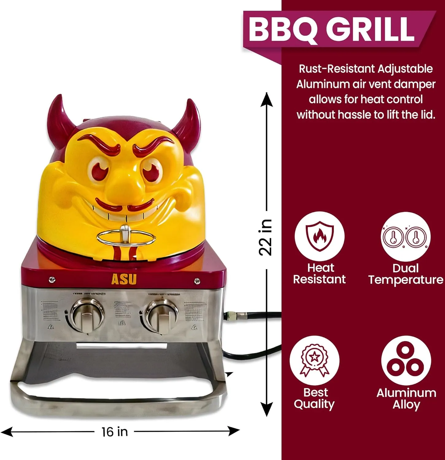 Arizona State University Sun Devil Portable Propane Gas Grill, 16,000 BTU Tabletop Barbecue with 2 Burners, Dual Temp Control for Tailgating, RV, Backyard BBQ, and Camping