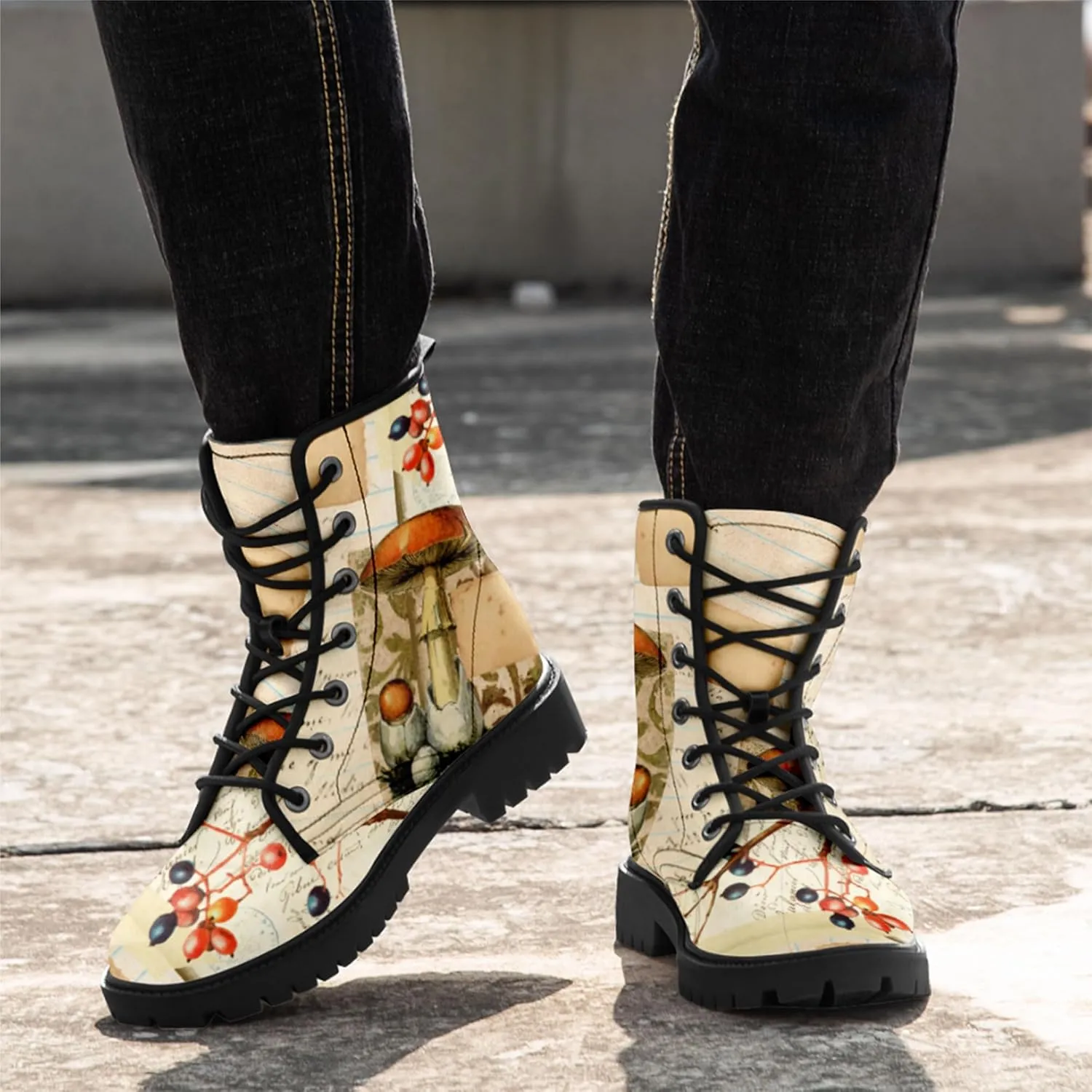 Artistic Mushroom Mid-Top Combat Boots Men's Women's Floral Lace-Up Ankle Shoes for Hiking,Street Wear,Casual Walking
