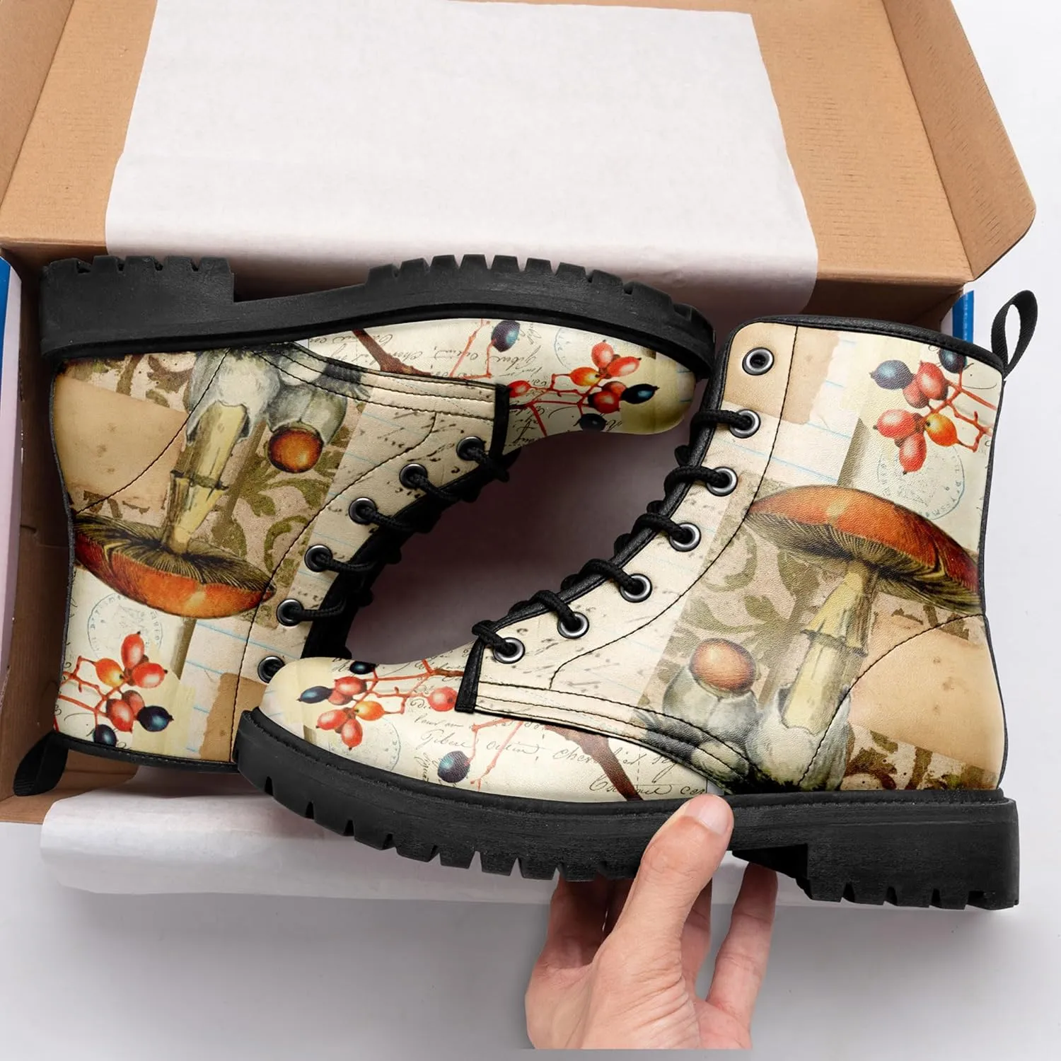 Artistic Mushroom Mid-Top Combat Boots Men's Women's Floral Lace-Up Ankle Shoes for Hiking,Street Wear,Casual Walking