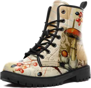 Artistic Mushroom Mid-Top Combat Boots Men's Women's Floral Lace-Up Ankle Shoes for Hiking,Street Wear,Casual Walking