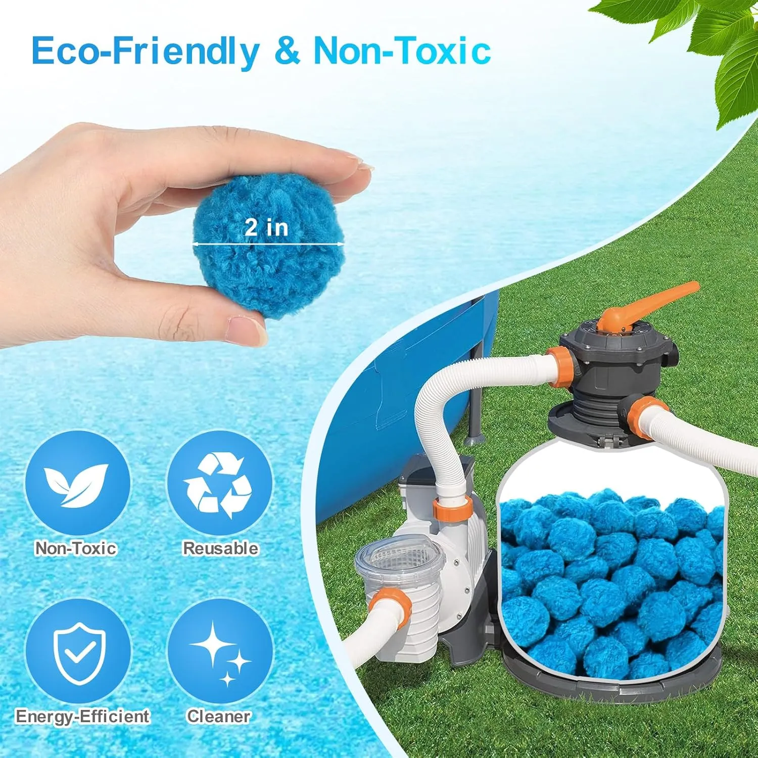 Askyli 2.9 lbs Pool Filter Balls for Sand Filter, Reusable Pool Sand Filter Balls, Efficient Blue Filter Media Balls, Suitable for All Sand Filter System (Equals 100lbs Pool Filter Sand)