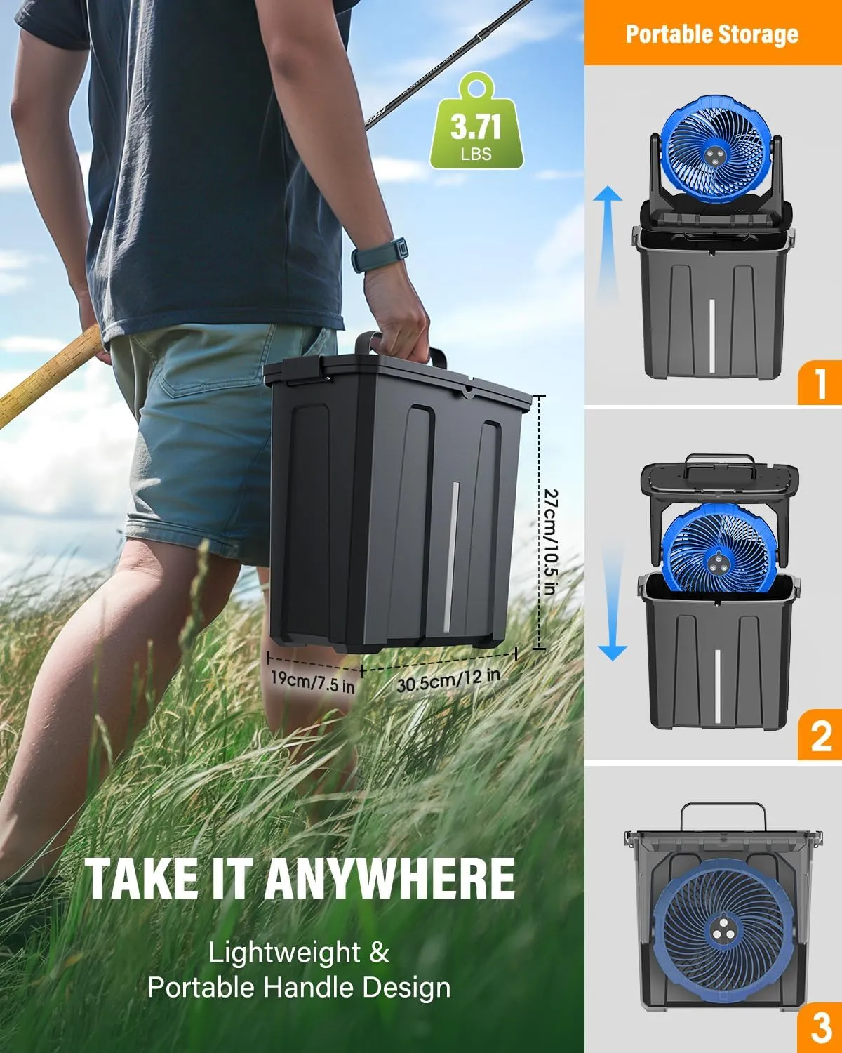 Ausic 9L Bucket Portable Misting Fan for Outdoors Patios, 30000mAh Rechargeable Battery Operated Camping Fan, 3 Strong Winds, 3 Large Spray Outlets, for Fishing/Travel/Garden Party/Golf/Tent/Office