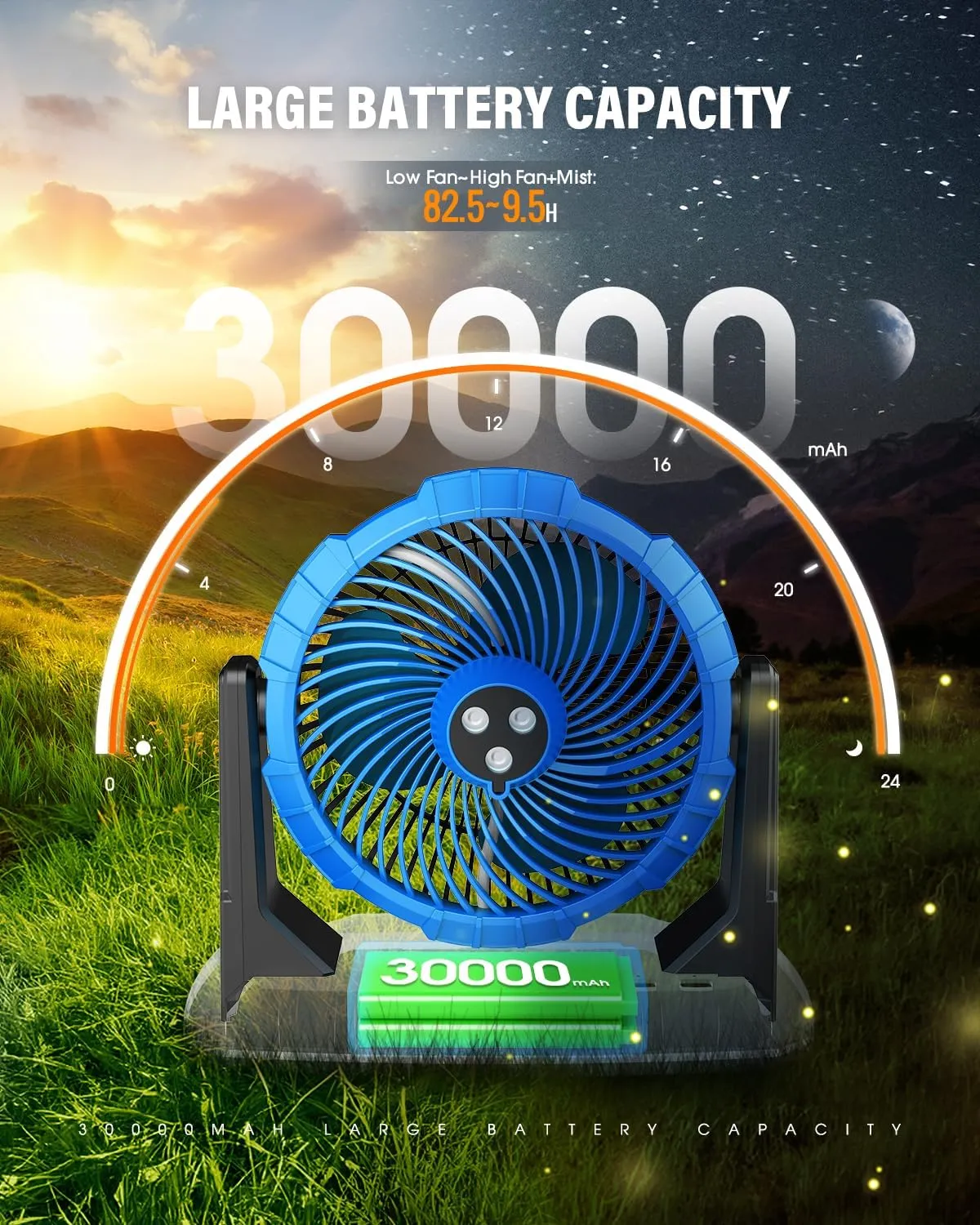 Ausic 9L Bucket Portable Misting Fan for Outdoors Patios, 30000mAh Rechargeable Battery Operated Camping Fan, 3 Strong Winds, 3 Large Spray Outlets, for Fishing/Travel/Garden Party/Golf/Tent/Office