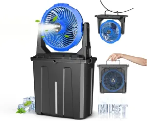 Ausic 9L Bucket Portable Misting Fan for Outdoors Patios, 30000mAh Rechargeable Battery Operated Camping Fan, 3 Strong Winds, 3 Large Spray Outlets, for Fishing/Travel/Garden Party/Golf/Tent/Office