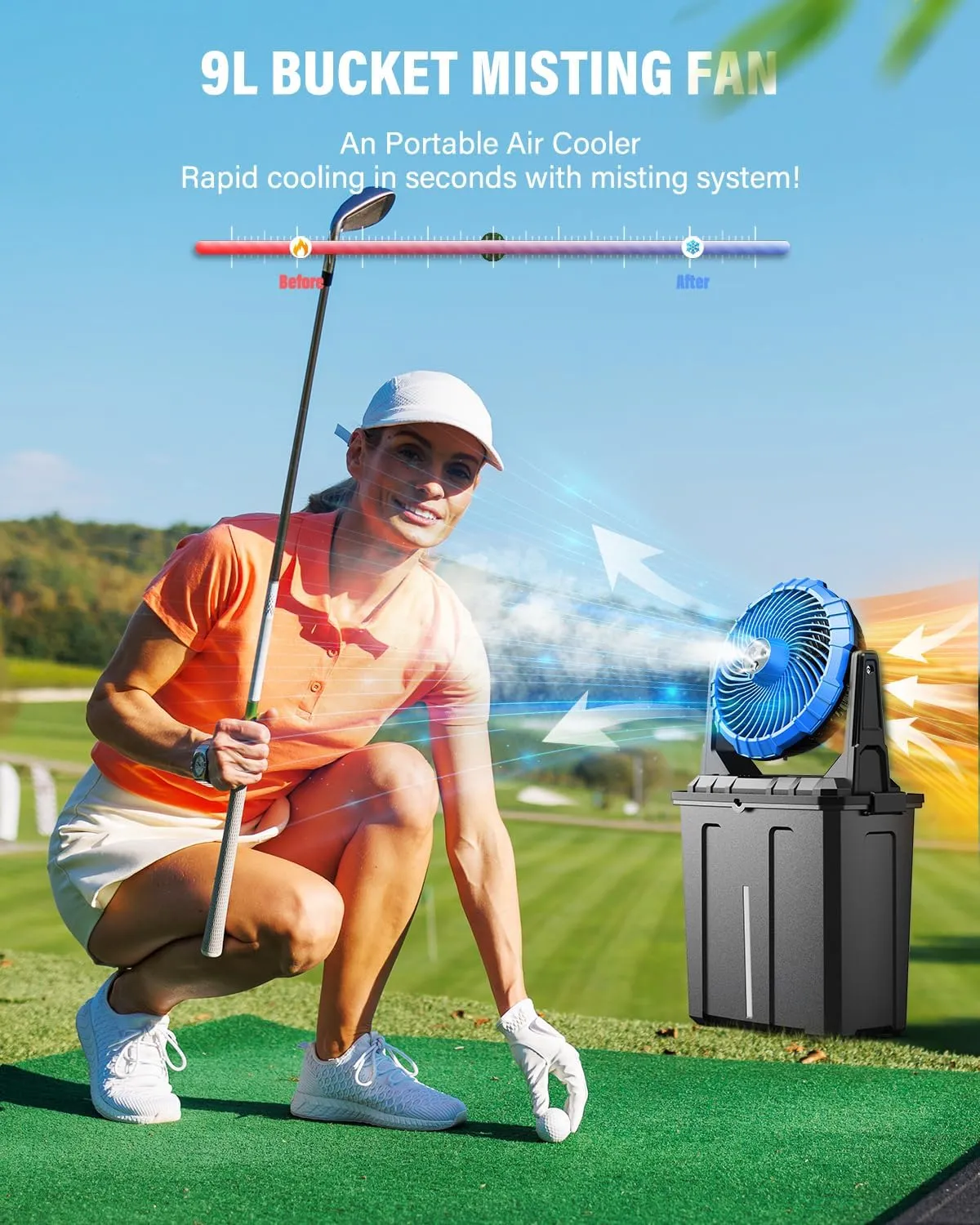 Ausic 9L Bucket Portable Misting Fan for Outdoors Patios, 30000mAh Rechargeable Battery Operated Camping Fan, 3 Strong Winds, 3 Large Spray Outlets, for Fishing/Travel/Garden Party/Golf/Tent/Office