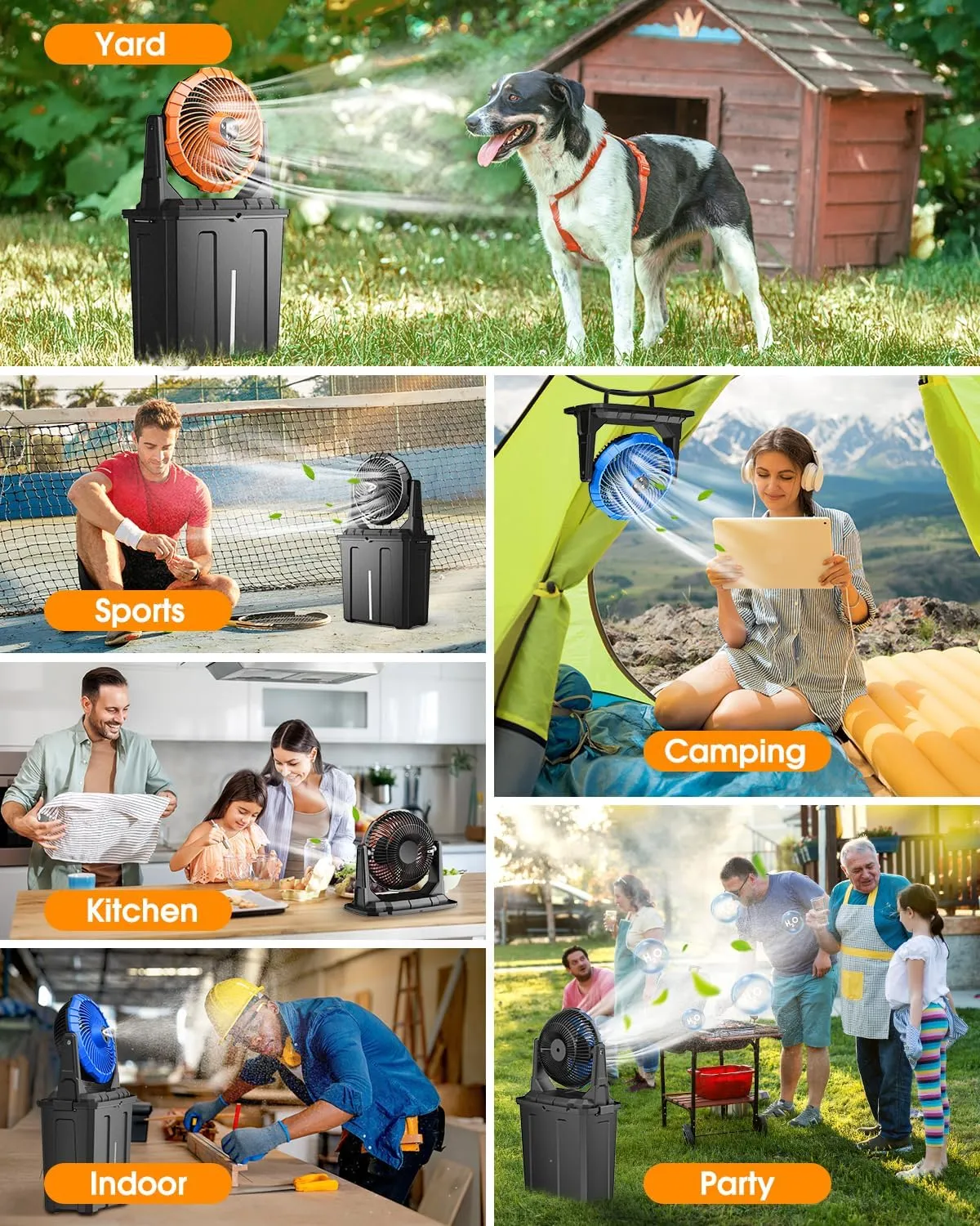 Ausic 9L Bucket Portable Misting Fan for Outdoors Patios, 30000mAh Rechargeable Battery Operated Camping Fan, 3 Strong Winds, 3 Large Spray Outlets, for Fishing/Travel/Garden Party/Golf/Tent/Office