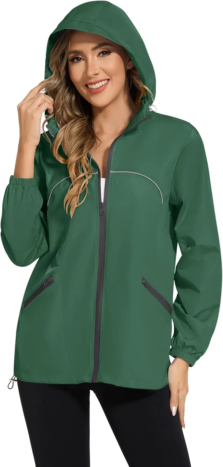 Avoogue Waterproof Jacket with Hood Packable Raincoats for Women Reflective Jacket Windbreaker