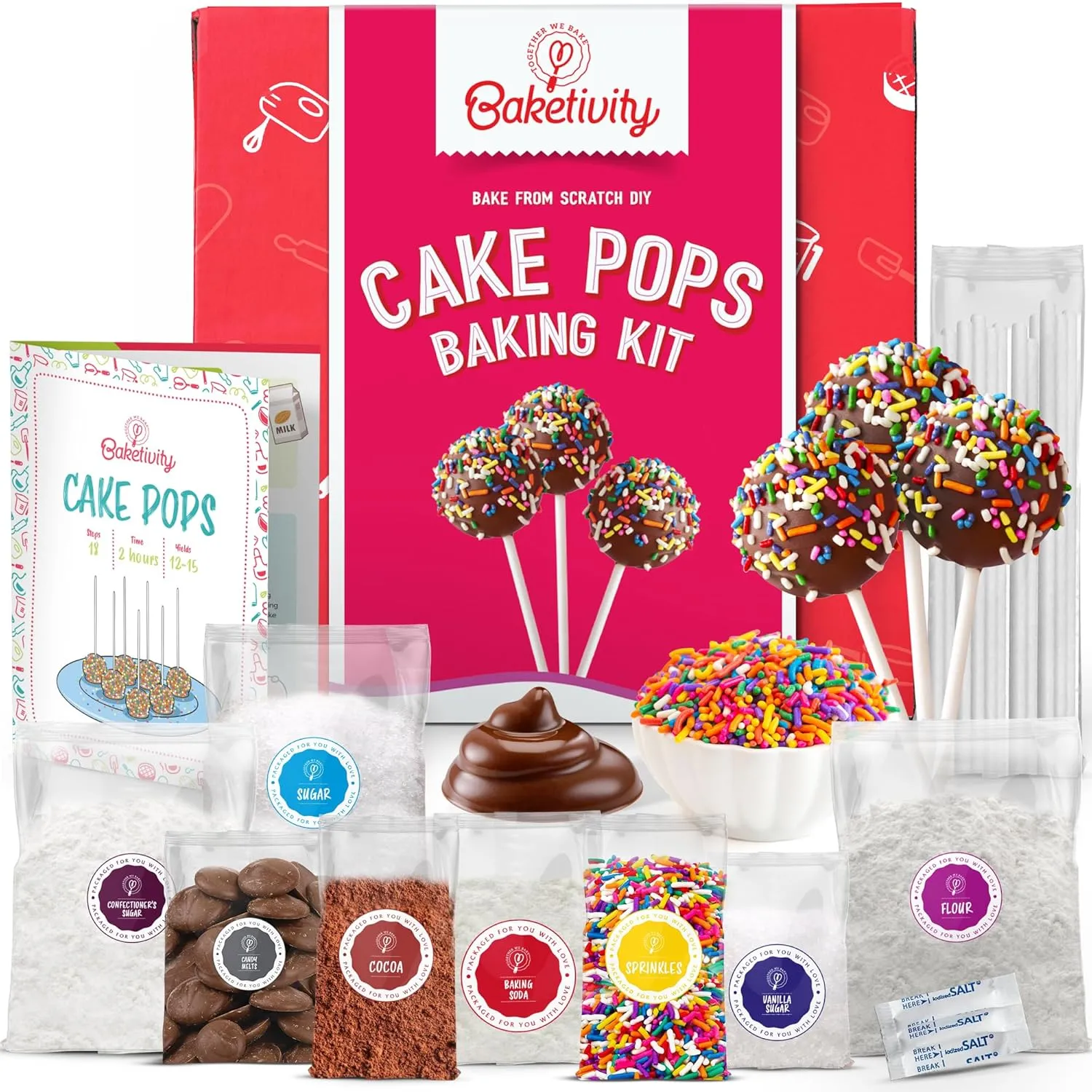 Baketivity DIY Cake Pop Baking Kit for Kids - Premeasured Ingredients, Decorating Supplies