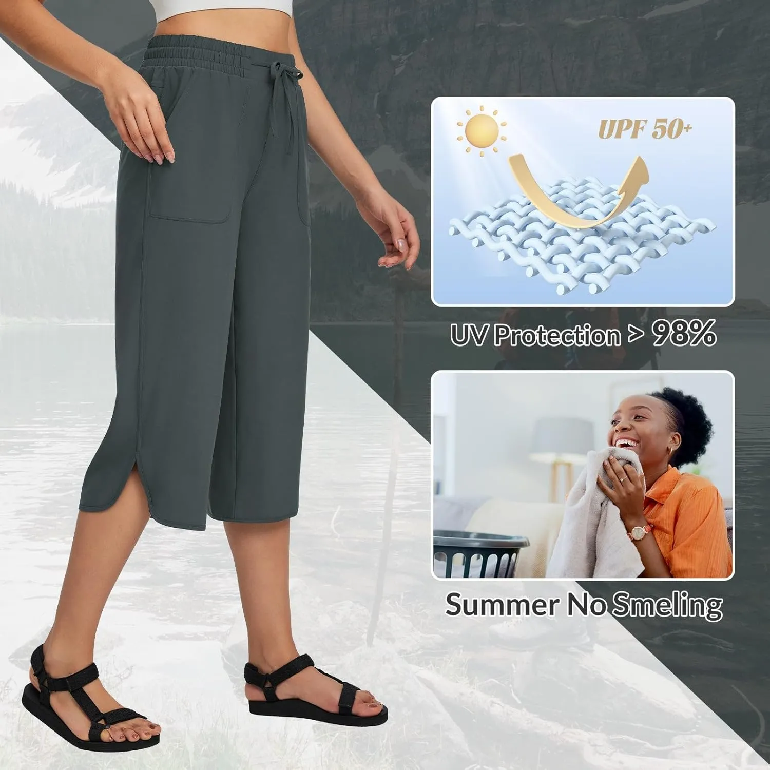 baleaf Women's Capri Pants Wide Leg Plus Size UPF50  Lightweight Quick Dry Pants Casual Loose Sweatpants Hiking Walking