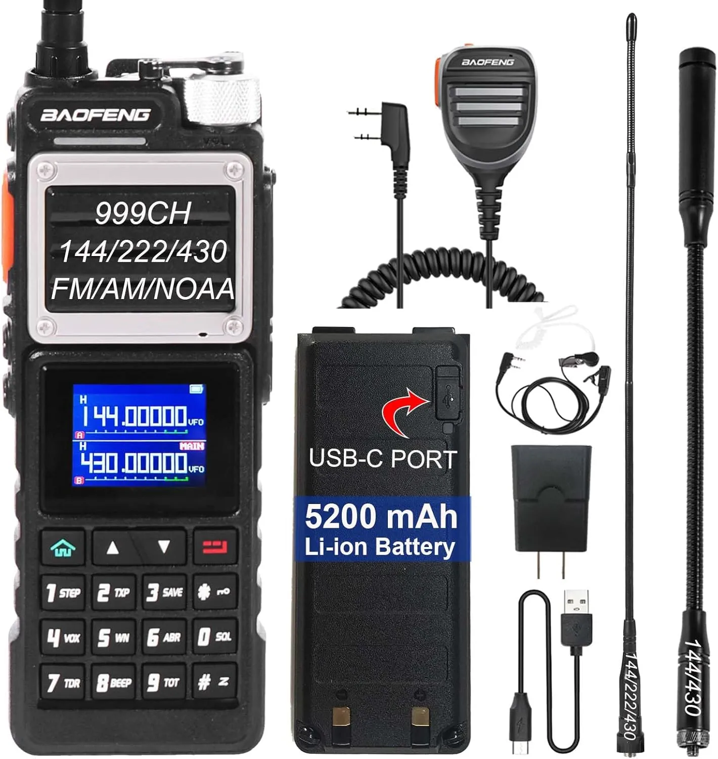 BAOFENG UV25M Tri-Band Ham Radio Handheld Long Range Walkie Talkies High Power 5200mAh Tactical Radio with Frequency Match,NOAA,USB-C,999CH,Tri Band Antenna for Camping Hiking