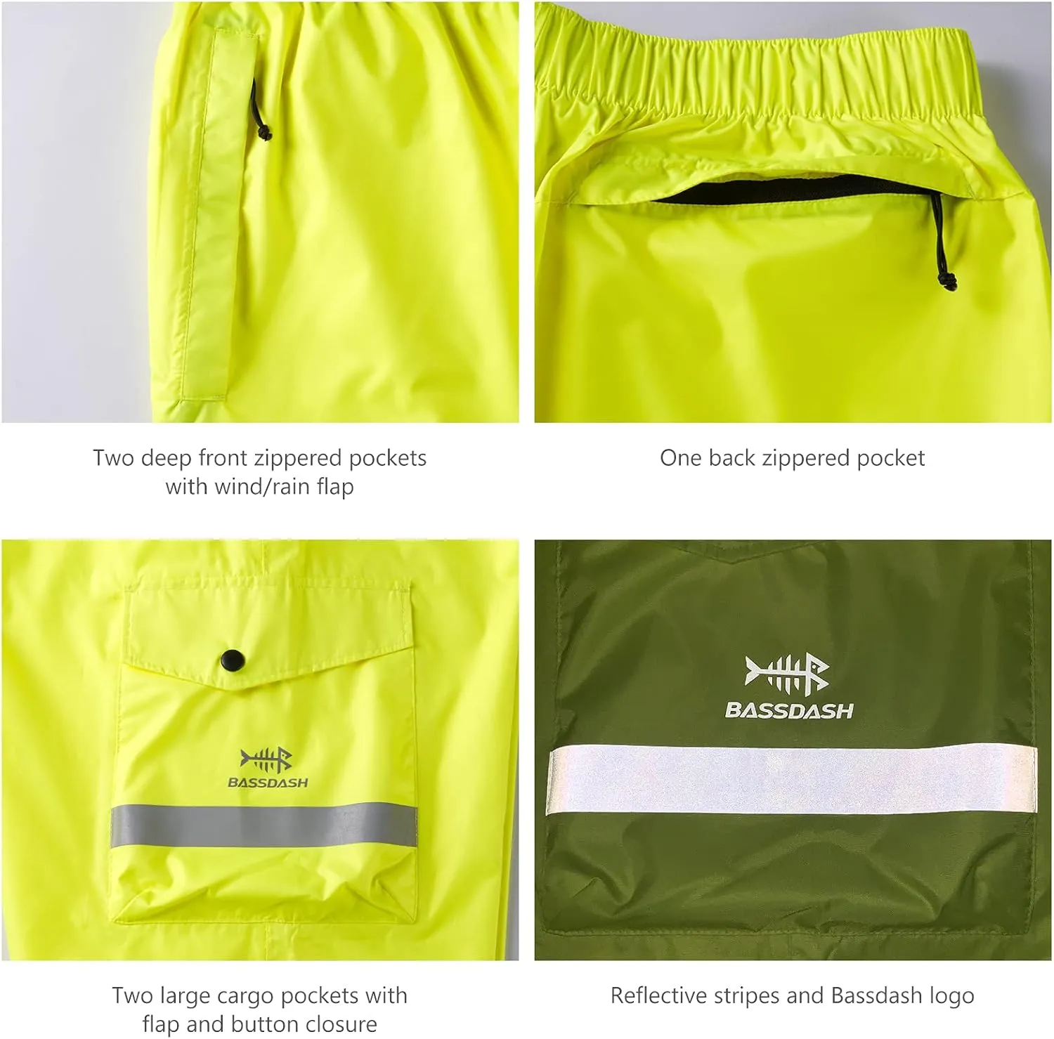 BASSDASH Complete Men’s Breathable Waterproof Rain Pant Lightweight Over Pant with 1/2 Zip Legs for Fishing Kayaking Hiking