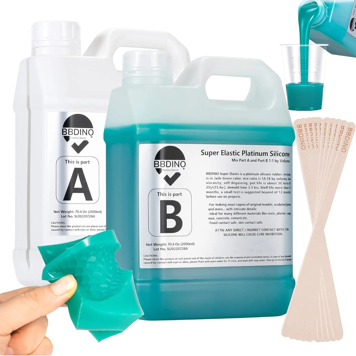 BBDINO Silicone Mold Making Kit, Super Elastic Jade Green Silicone, 1Gallon/140.8Oz, Ideal for Casting 3D Resin Molds & Silicone Molds, 1A:1B Mix Ratio