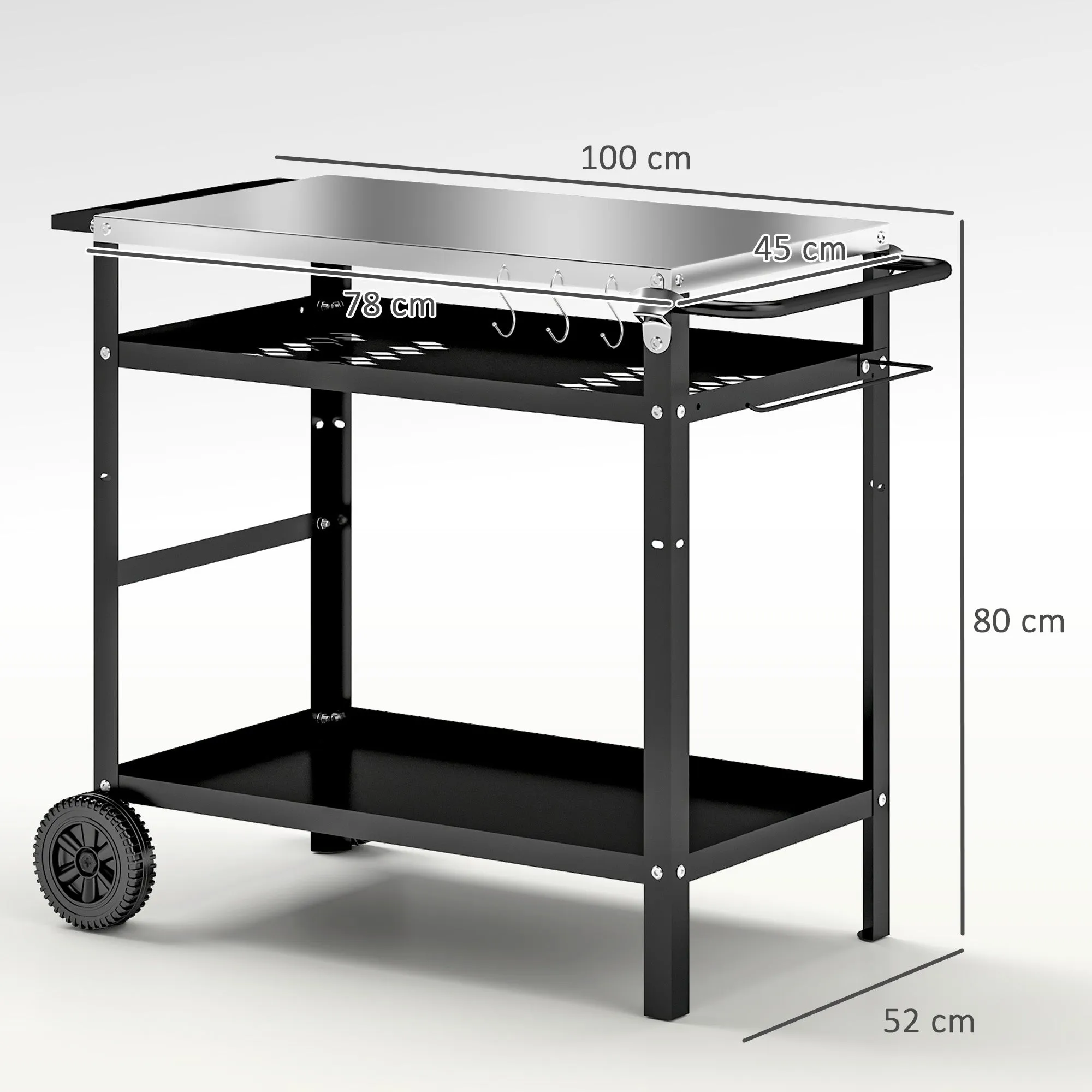 BBQ Trolley with Stainless Steel Top Adjustable Shelf, Outdoor Kitchen BBQ Station with Hooks Seasoning Tray Towel Rack, Pizza Oven Table Movable Outdoor Grill Dining Cart with Cover, Black