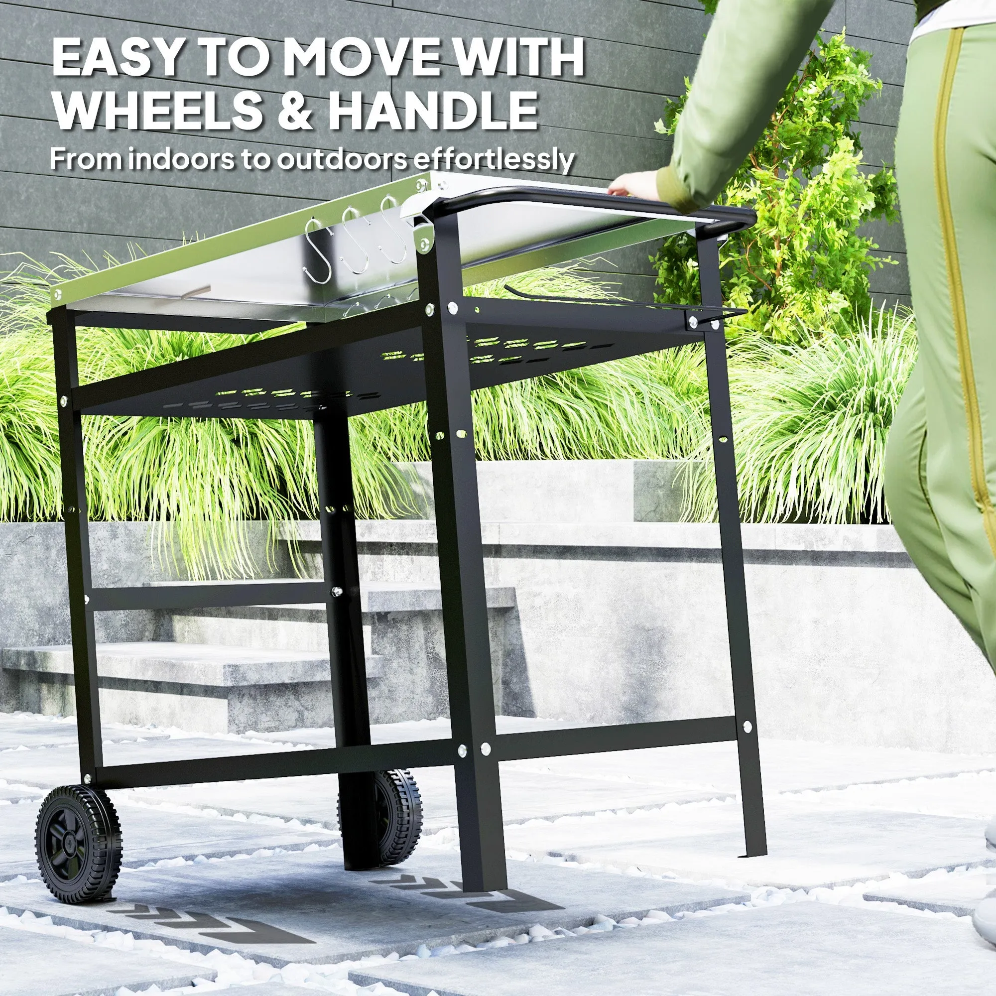 BBQ Trolley with Stainless Steel Top Adjustable Shelf, Outdoor Kitchen BBQ Station with Hooks Seasoning Tray Towel Rack, Pizza Oven Table Movable Outdoor Grill Dining Cart with Cover, Black