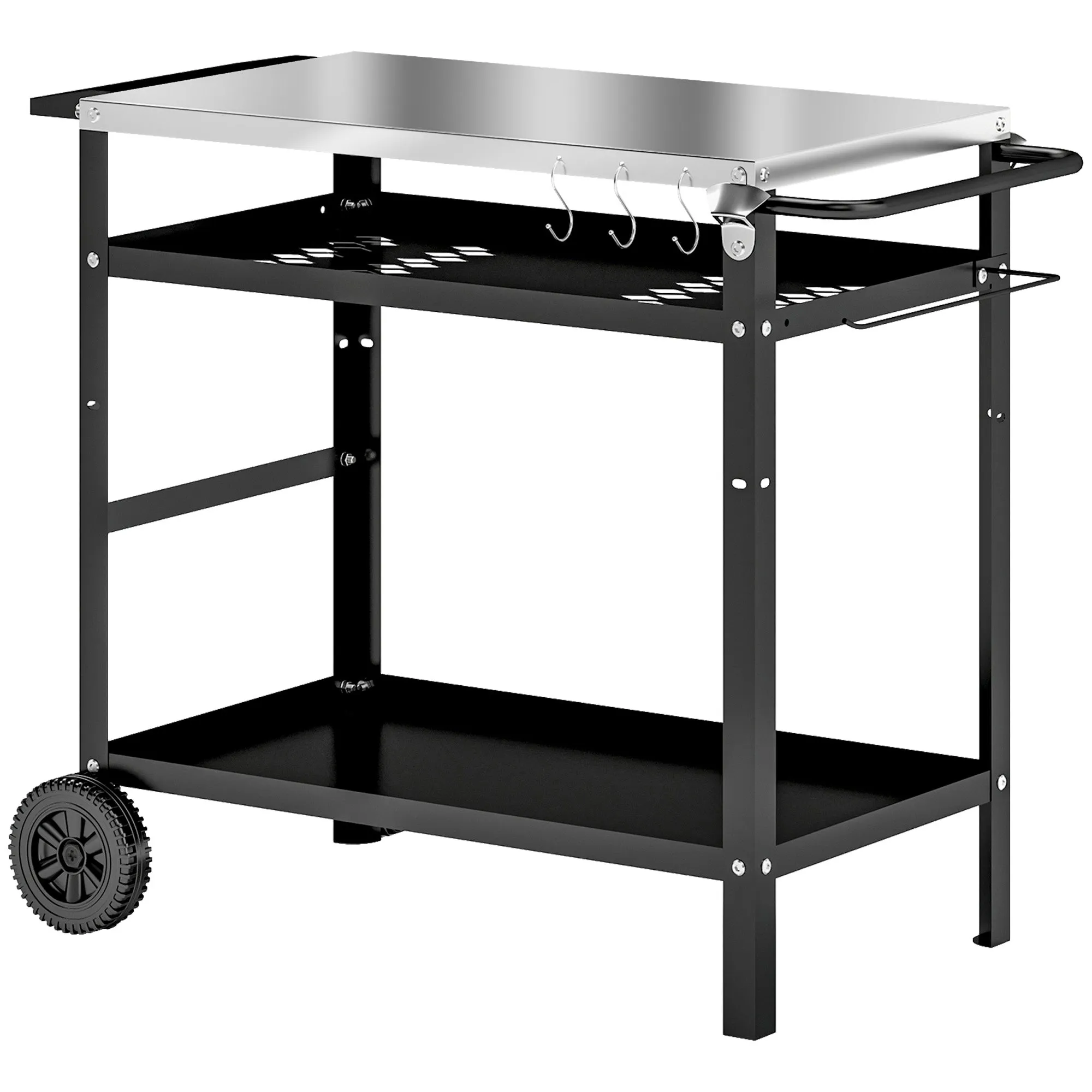 BBQ Trolley with Stainless Steel Top Adjustable Shelf, Outdoor Kitchen BBQ Station with Hooks Seasoning Tray Towel Rack, Pizza Oven Table Movable Outdoor Grill Dining Cart with Cover, Black