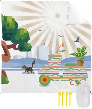 Beach Blanket Sandproof, Abstract Cartoon City Scenery Green Trees Waterproof Beach Mat Lightweight Quick Drying Picnic Blanket Beach Essentials for Travel Camping Hiking 95x80in