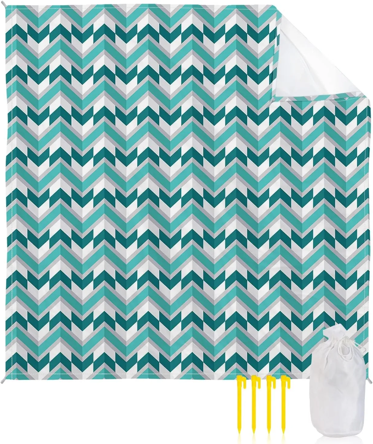 Beach Blanket Sandproof, Abstract Turquoise Aqua Herringbone Pattern Waterproof Beach Mat Lightweight Quick Drying Picnic Blanket Beach Essentials for Travel Camping Hiking 95x80in