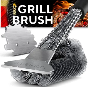 Benicci Premium BBQ Grill Brush and Scraper - Perfect for Cleaning Indoor & Outdoor Grills, Including Weber - with Improved Extra Strong Grip Handle - 18" Heavy Duty Grill Cleaner Brush - Safe for All Grates