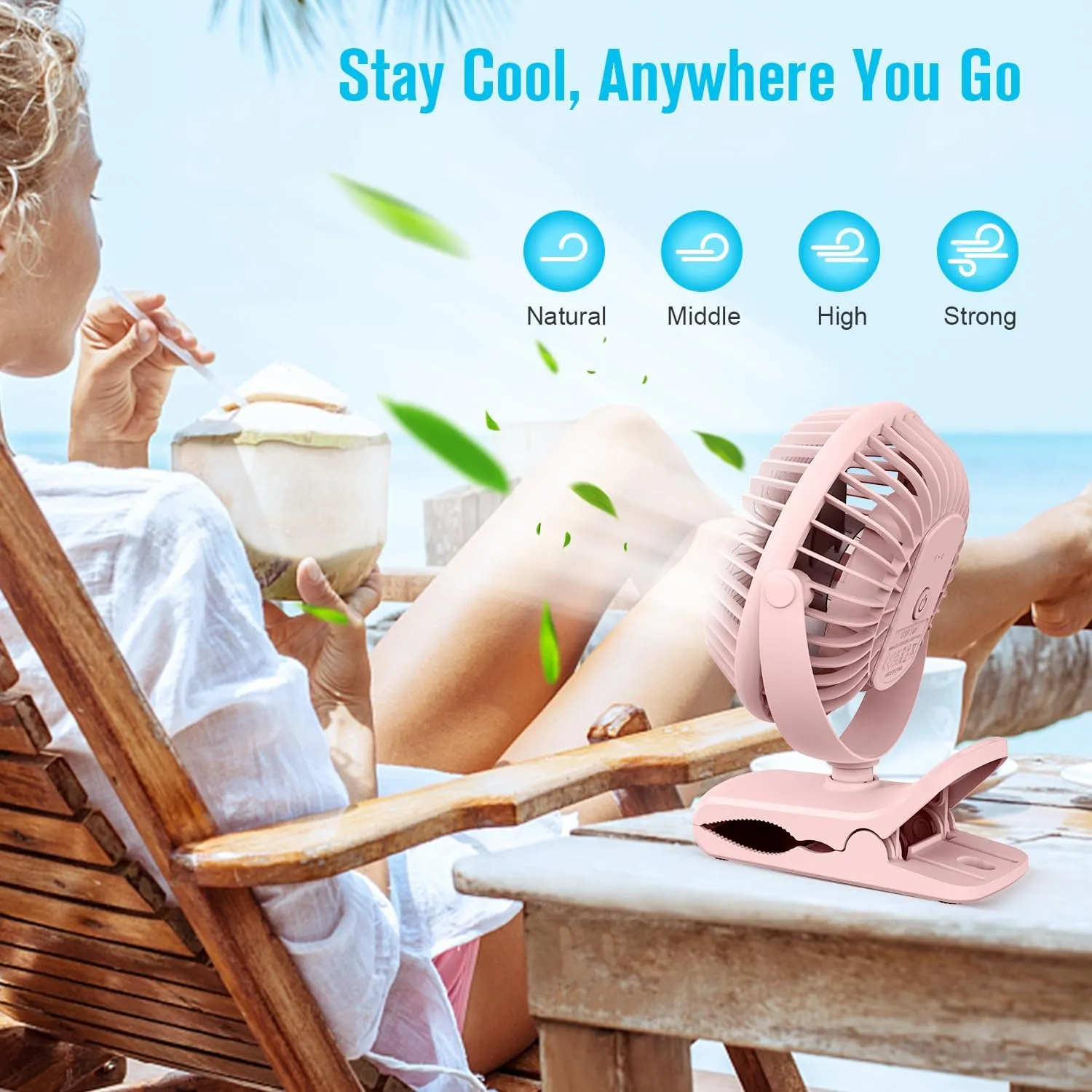 BESKAR Portable Clip on Fan Rechargeable, 4 Speeds Small Battery Operated Fan, USB Desk Fan with Strong Airflow, Sturdy Clamp for Golf Cart Office Outdoor Travel Camping