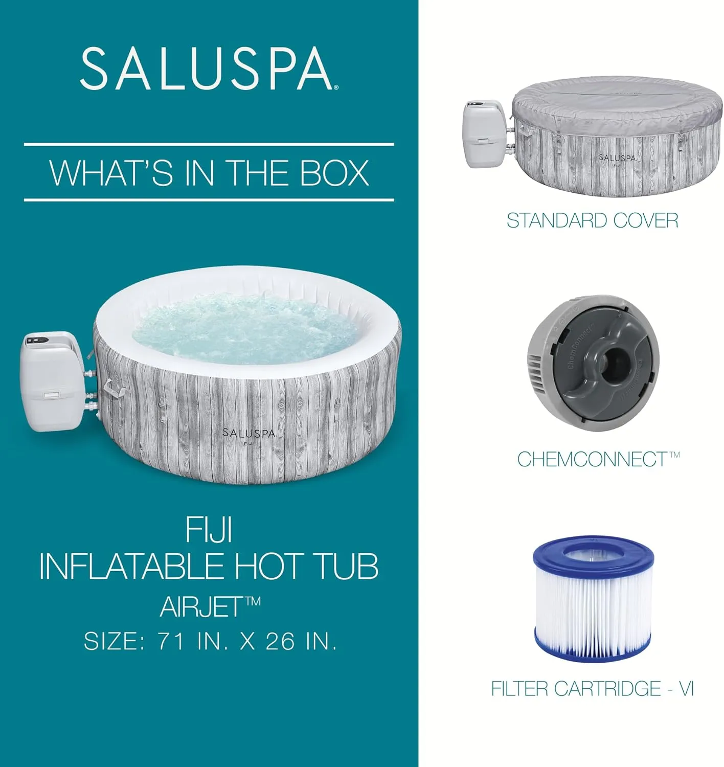 Bestway 2-4 Person SaluSpa Fiji Signature AirJet Inflatable Hot Tub Spa, 71" x 26" Round Portable Spa with 120 Soothing Jets and Insulated Cover