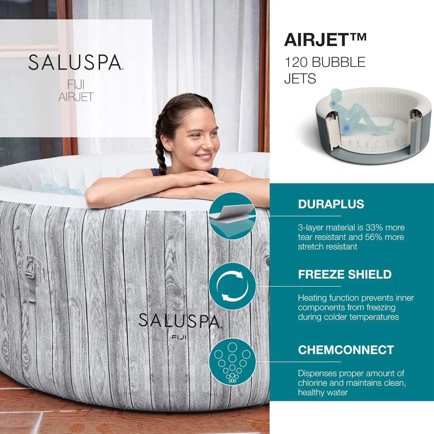Bestway 2-4 Person SaluSpa Fiji Signature AirJet Inflatable Hot Tub Spa, 71" x 26" Round Portable Spa with 120 Soothing Jets and Insulated Cover