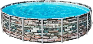 Bestway 56881E 20-Ft Diameter Power Steel Frame Round Above Ground Backyard Swimming Pool Set with Filter Pump, Ladder, and Cover, Stone Pattern Print