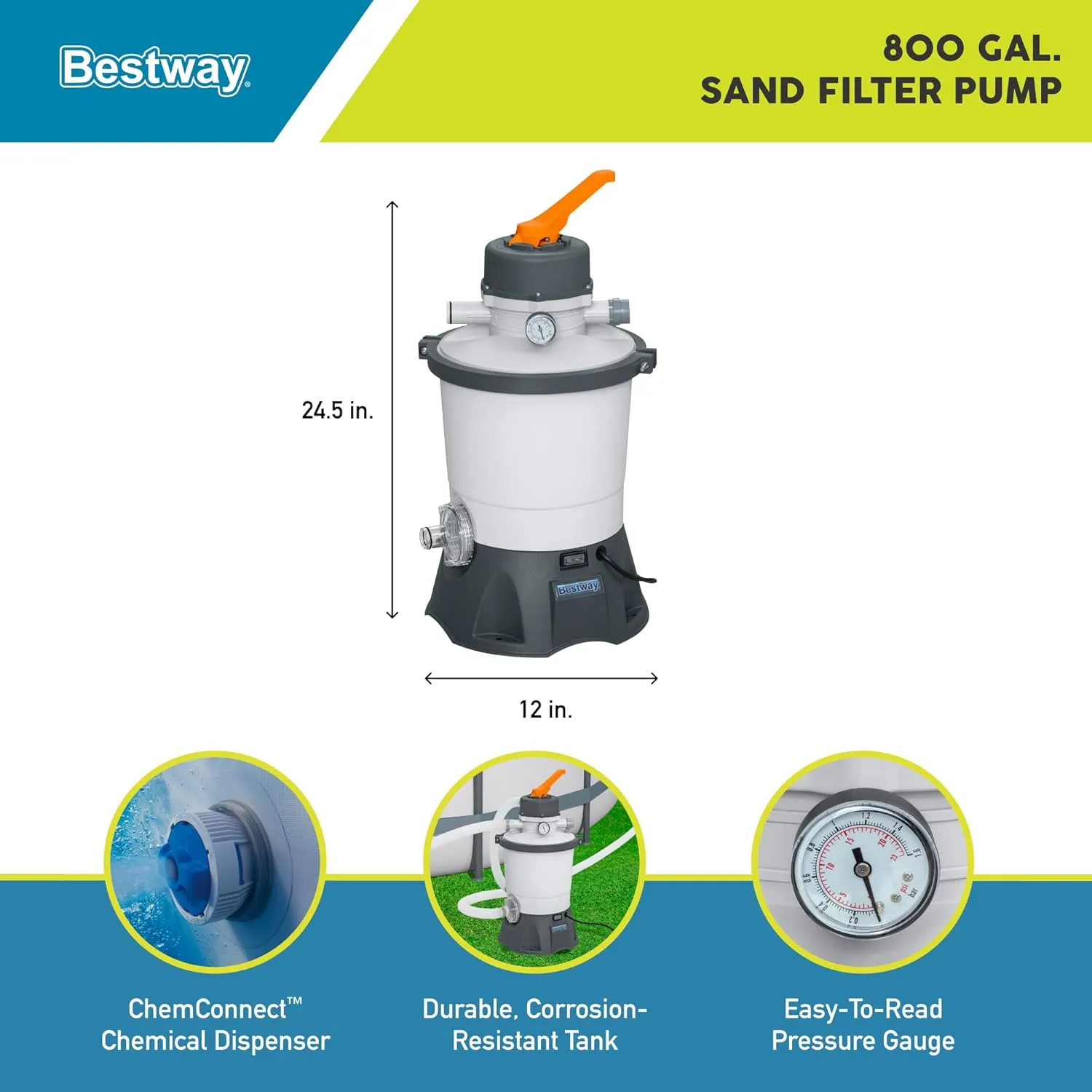 Bestway 58516E Flowclear 800 Gallon Sand Filter Pool Pump for Above Ground 300 to 4,800 Gallon Swimming Pools, (Sand Sold Separately)