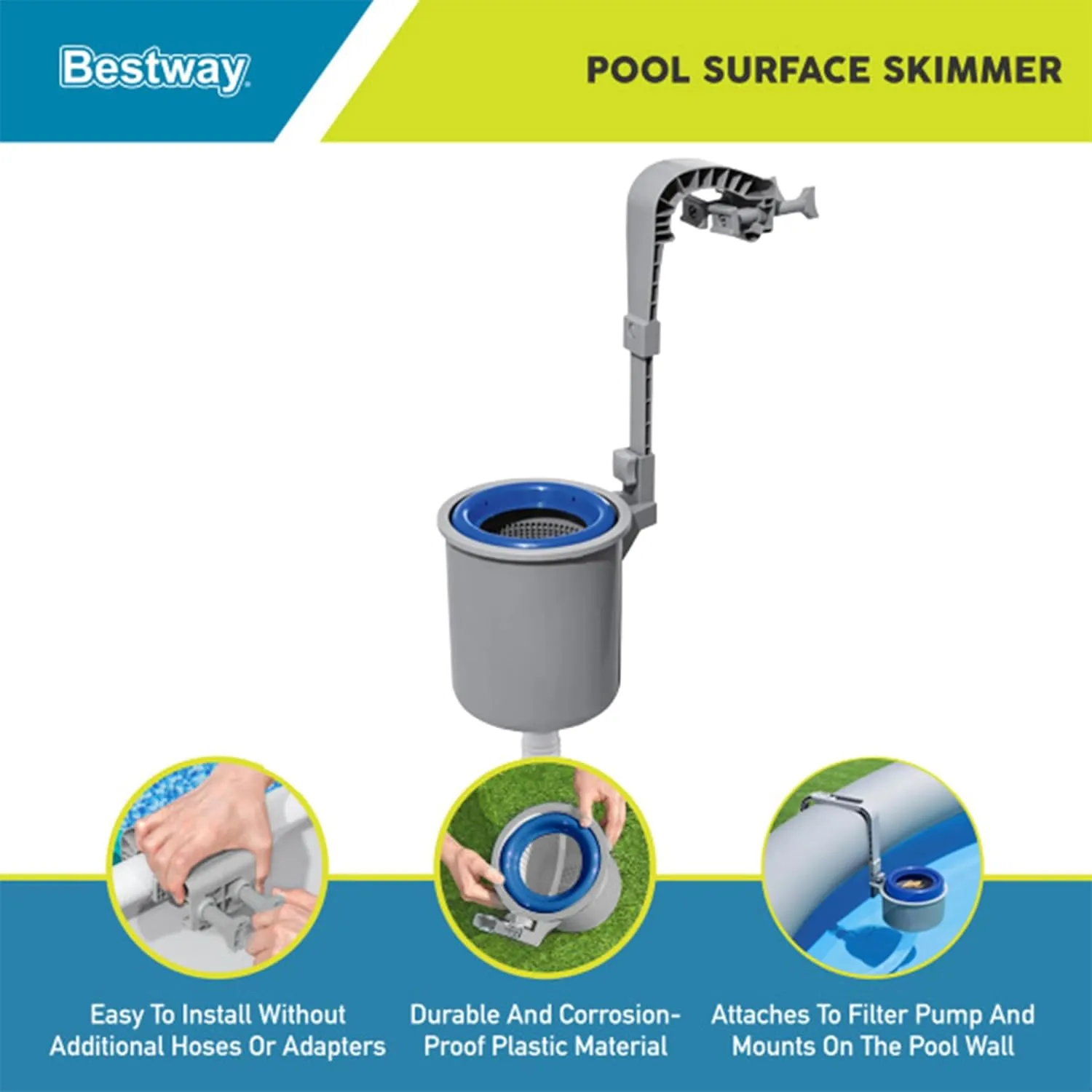 Bestway Flowclear Pool Wall Mounted Automatic Pool Surface Skimmer for Above Ground Pools with 530 Gallon and Above Filter Pumps, White/Blue