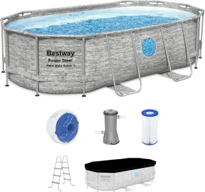 Bestway Power Steel Swim Vista Series II 14' x 8' 2" x 39.5" Above Ground Outdoor Swimming Pool Set with 530 GPH Filter Pump, Ladder, and Pool Cover