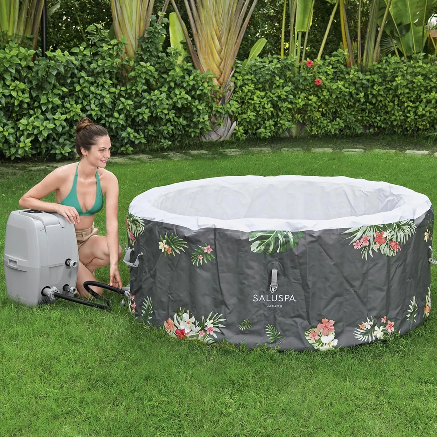 Bestway SaluSpa Aruba AirJet Large Round 2 to 3 Person Inflatable Hot Tub Portable Outdoor Spa with 110 AirJets and EnergySense Cover, Grey
