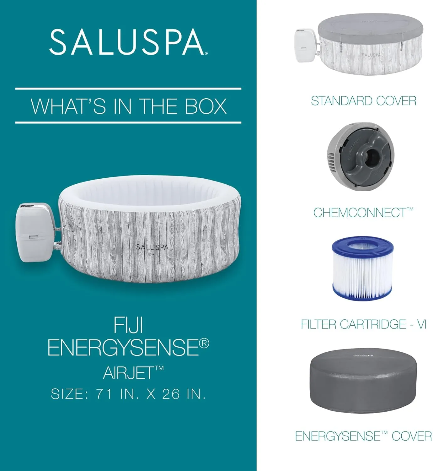 Bestway SaluSpa Fiji AirJet Large Round 2 to 4 Person Inflatable Hot Tub Portable Outdoor Spa with 120 AirJets and EnergySense Cover, Grey